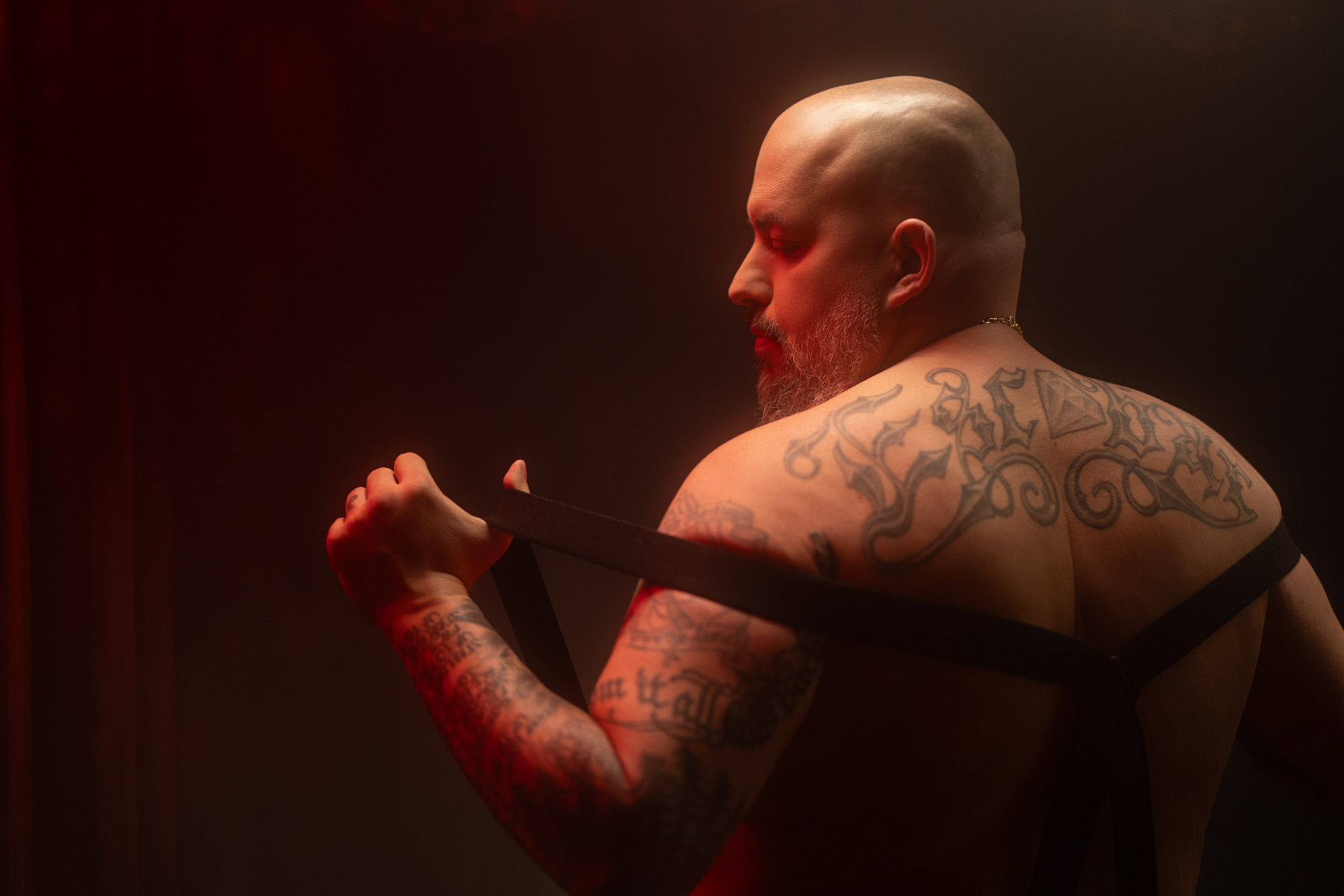 Mark Andrew Boudoir — mens boudoir tattoo leather harness red light boudoir portraits south bend in