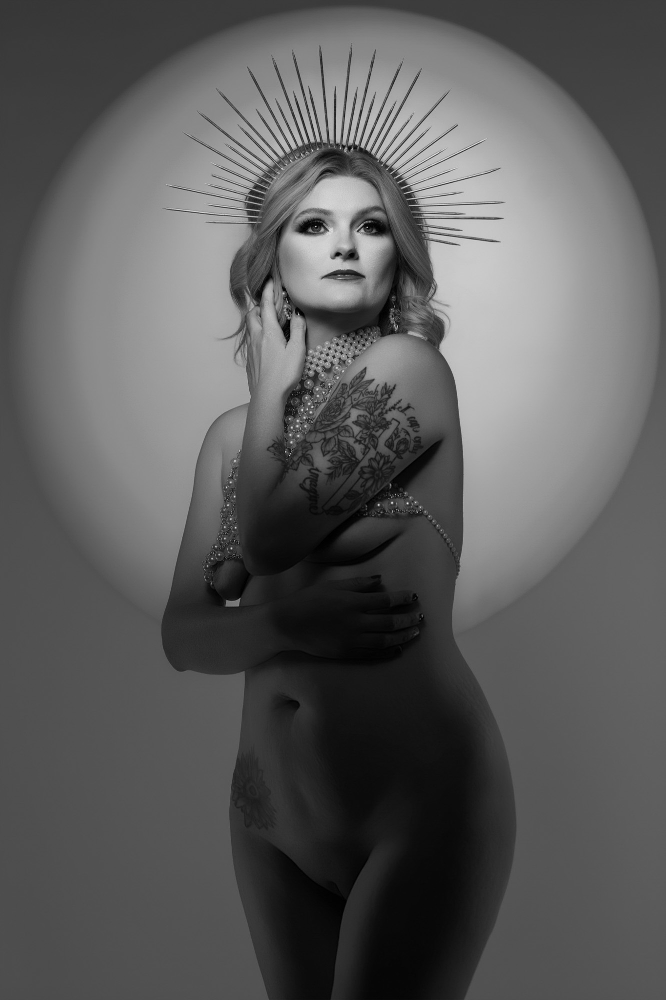 Black and white halo crown headpiece with pearls, implied nude boudoir — South Bend