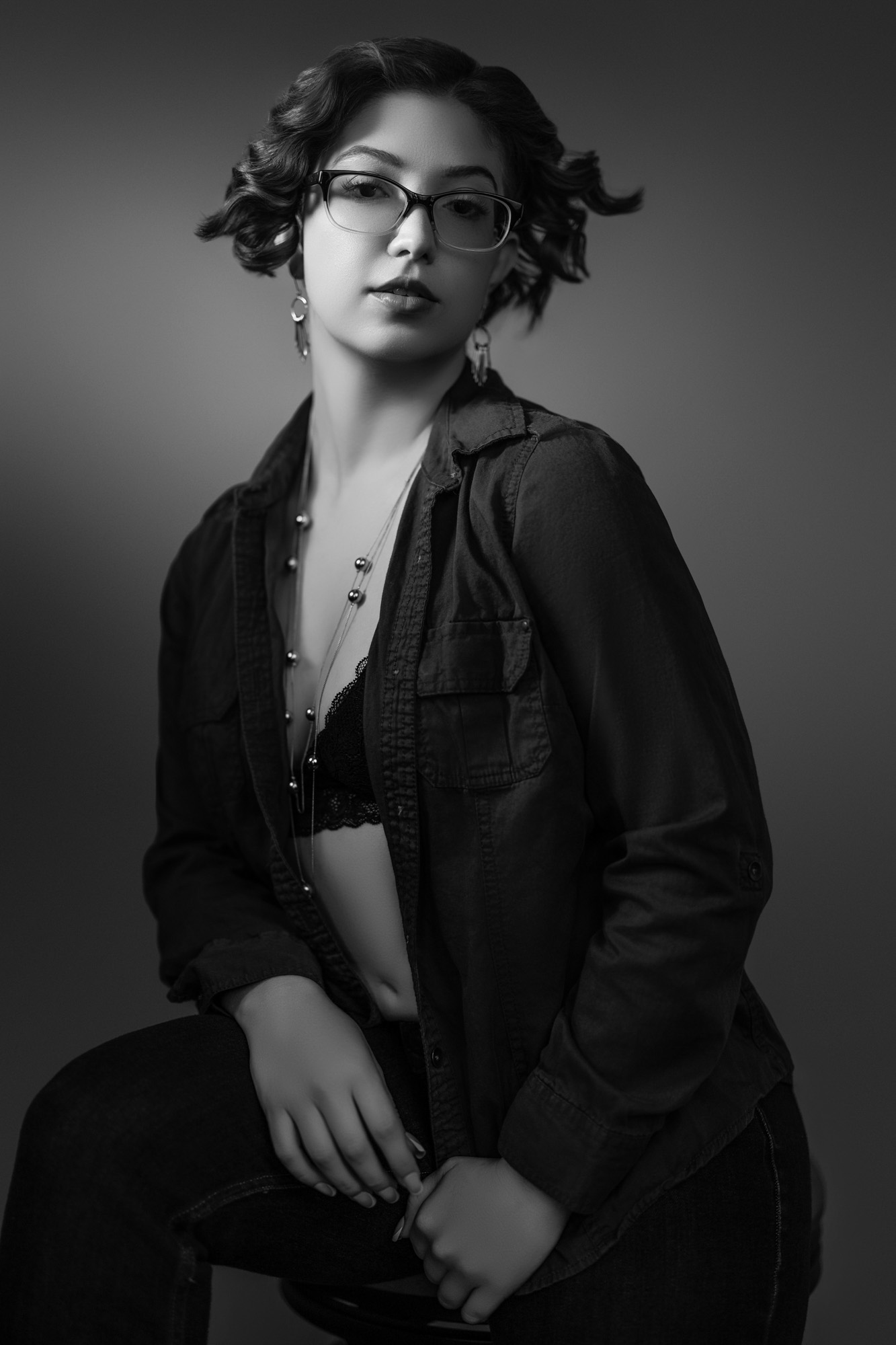 Black & white utility shirt over a bralette — boudoir styling, Elkhart, IN