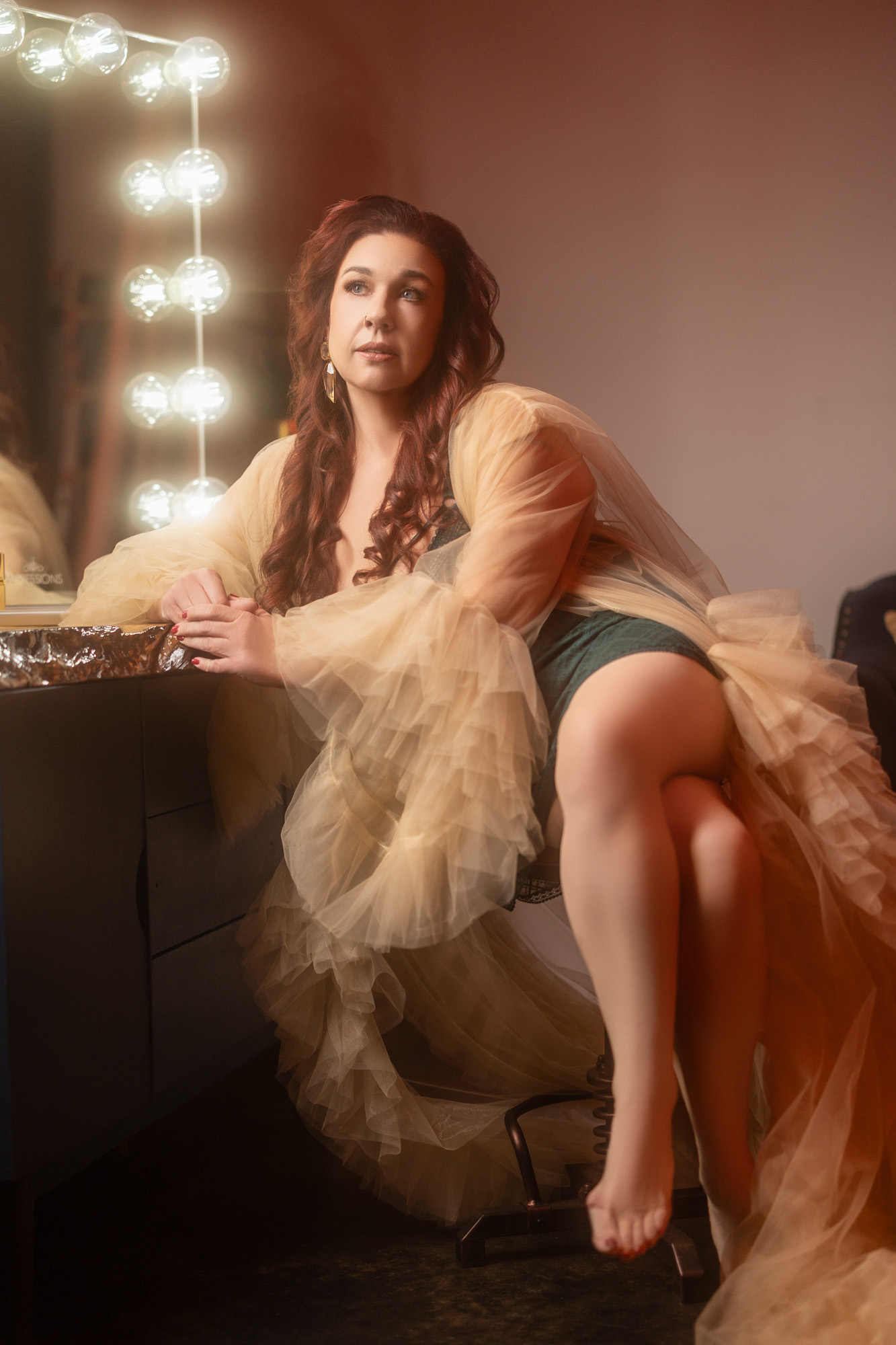 Champagne tulle robe — Hollywood lights vanity, boudoir styling